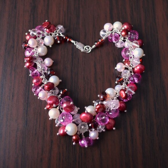 Valentine's Day Cluster Bracelet with Pearls Garnets and Morganite - Picture 1 of 5